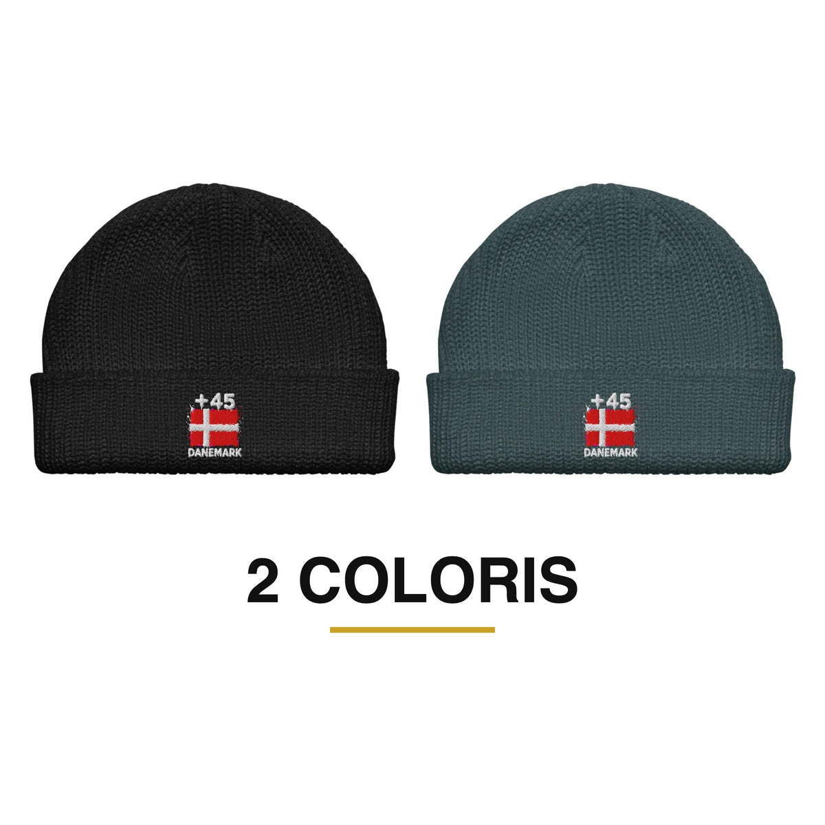 Bonnet Danemark +45 brodé drapeau danois, 2 coloris disponibles : noir, bleu pétrole - Indicatif Fier