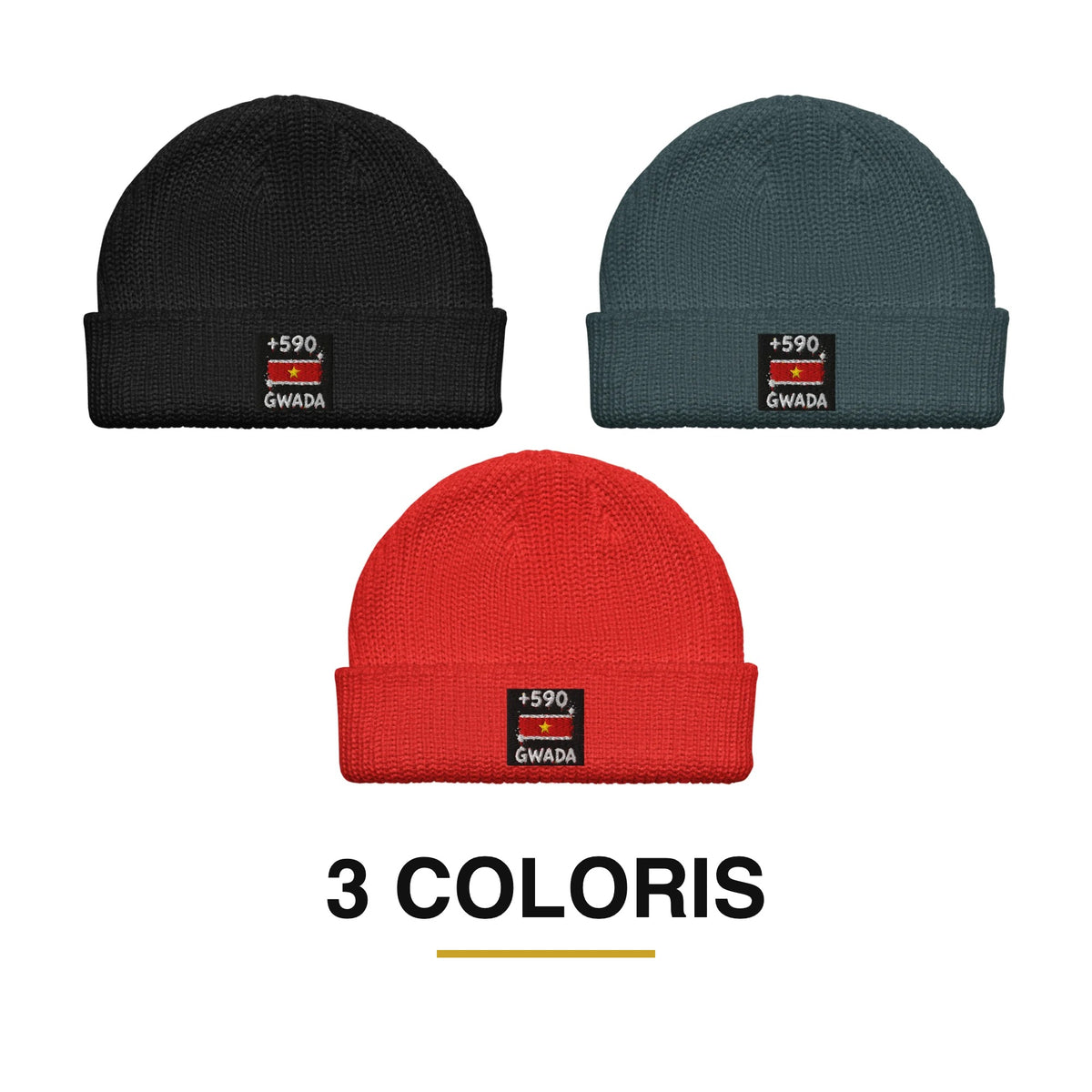 Bonnet Guadeloupe +590 brodé drapeau guadeloupéen, 3 coloris disponibles : noir, bleu pétrole, rouge - Indicatif Fier