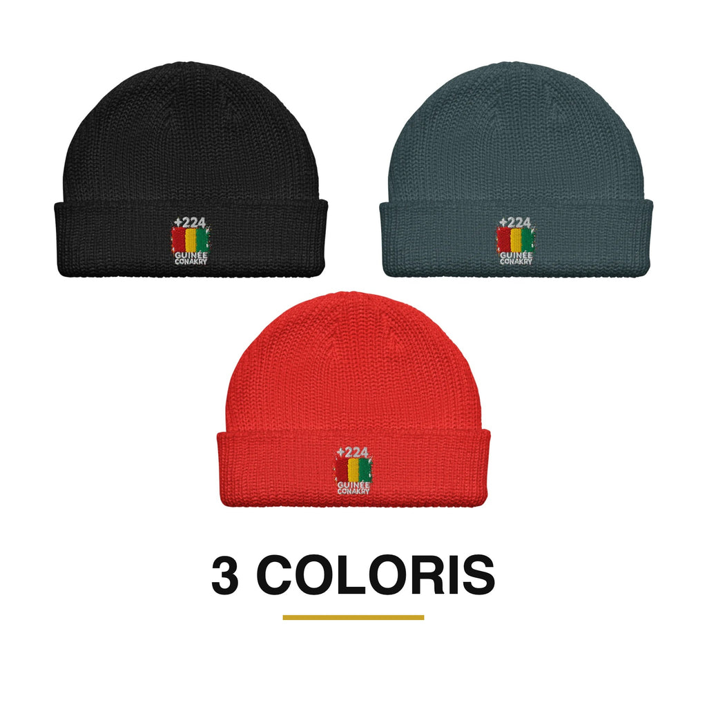 Bonnet Guinée Conakry +224 brodé drapeau guinéen, 3 coloris disponibles : noir, bleu pétrole, rouge - Indicatif Fier