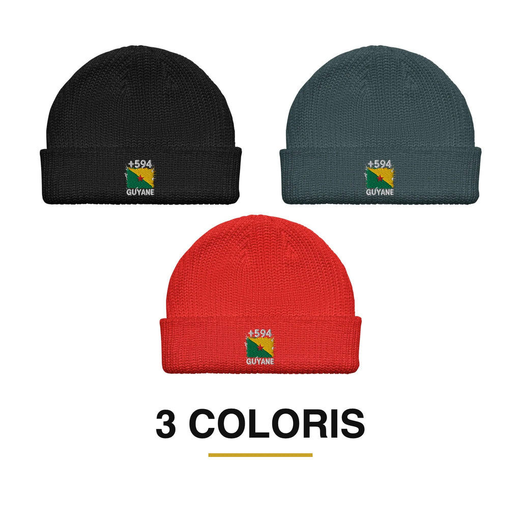 Bonnet Guyane +594 brodé drapeau guyanais, 3 coloris disponibles : noir, bleu pétrole, rouge - Indicatif Fier