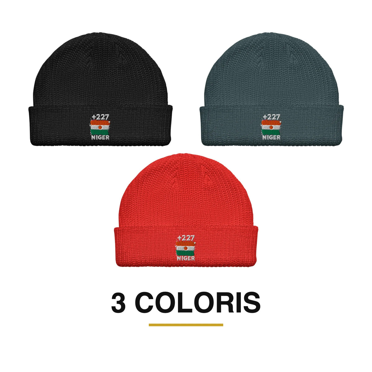 Bonnet Niger +227 brodé drapeau nigérien, 3 coloris disponibles : noir, bleu pétrole, rouge - Indicatif Fier