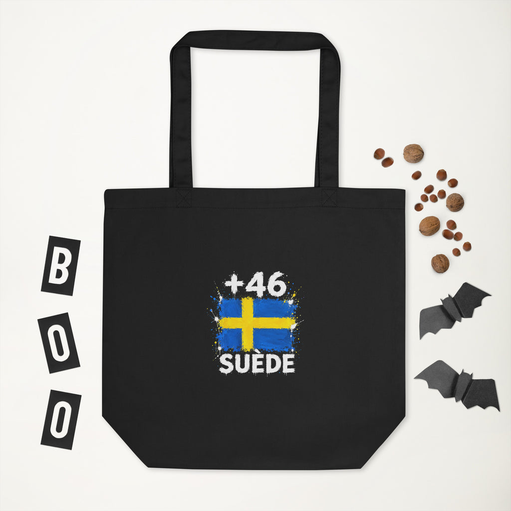 Tote Bag Suède +46 - Noir avec drapeau floqué effet éclaboussure de peinture - vue de face - Indicatif Fier
