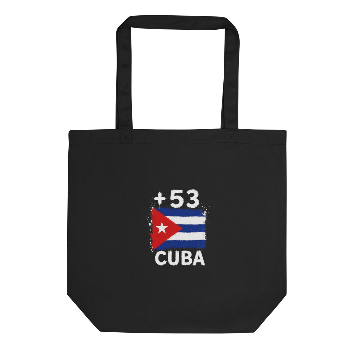 Tote bag noir Cuba +53 avec drapeau cubain floqué effet éclaboussure de peinture - Indicatif Fier