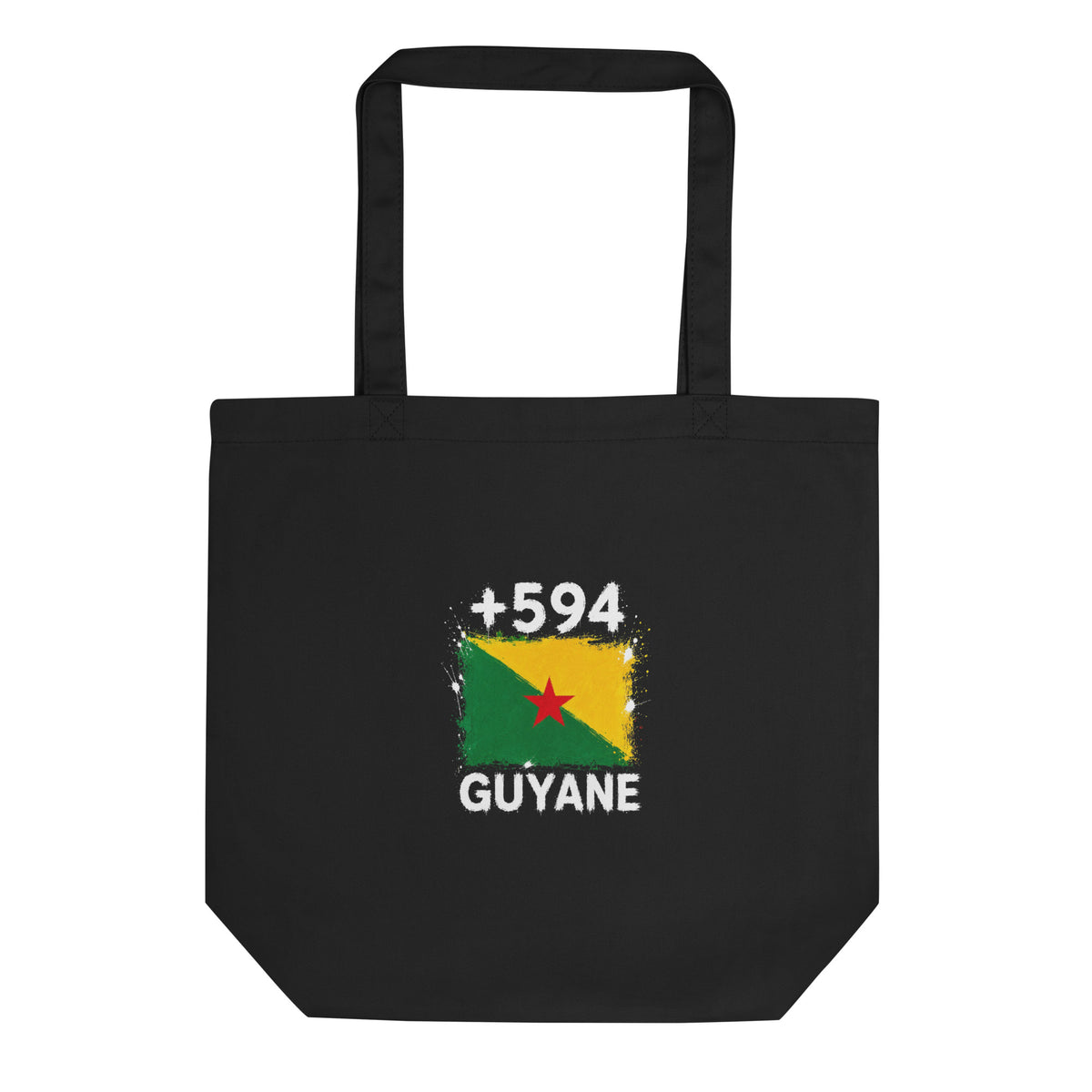 Tote bag noir Guyane +594 avec drapeau guyanais floqué effet éclaboussure de peinture - Indicatif Fier