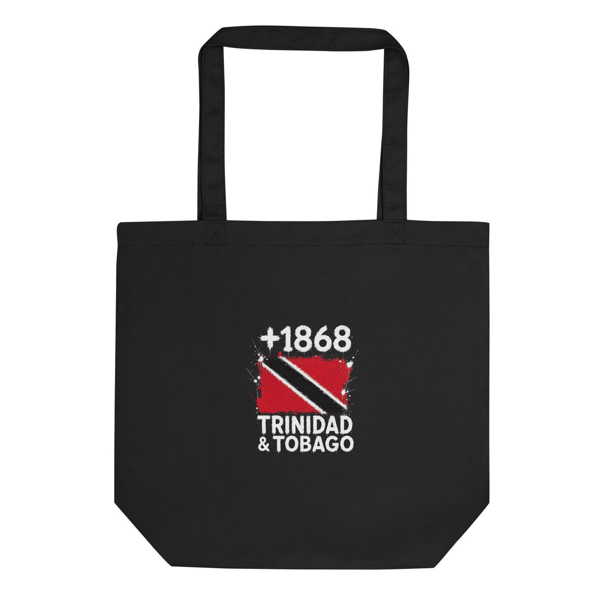 Tote bag noir Trinidad & Tobago +1868 avec drapeau trinidadien floqué effet éclaboussure de peinture - Indicatif Fier