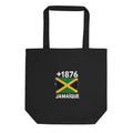 Tote Bag noir Jamaïque +1876 avec drapeau jamaïcain floqué effet éclaboussure de peinture - vue de face - Indicatif Fier