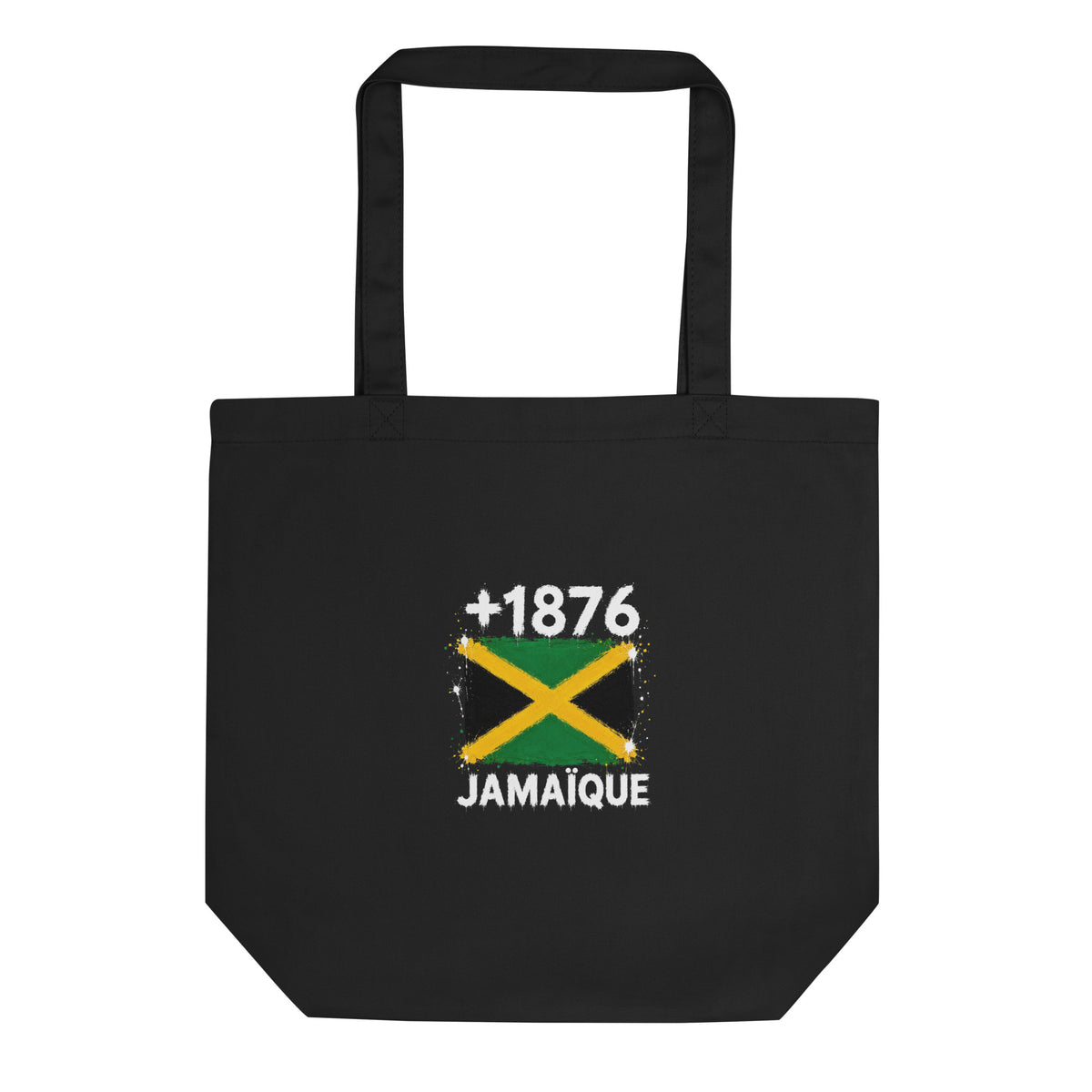 Tote Bag noir Jamaïque +1876 avec drapeau jamaïcain floqué effet éclaboussure de peinture - vue de face - Indicatif Fier