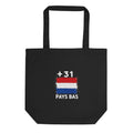 Tote bag noir Pays Bas +31 avec drapeau néerlandais floqué effet éclaboussure de peinture - Indicatif Fier