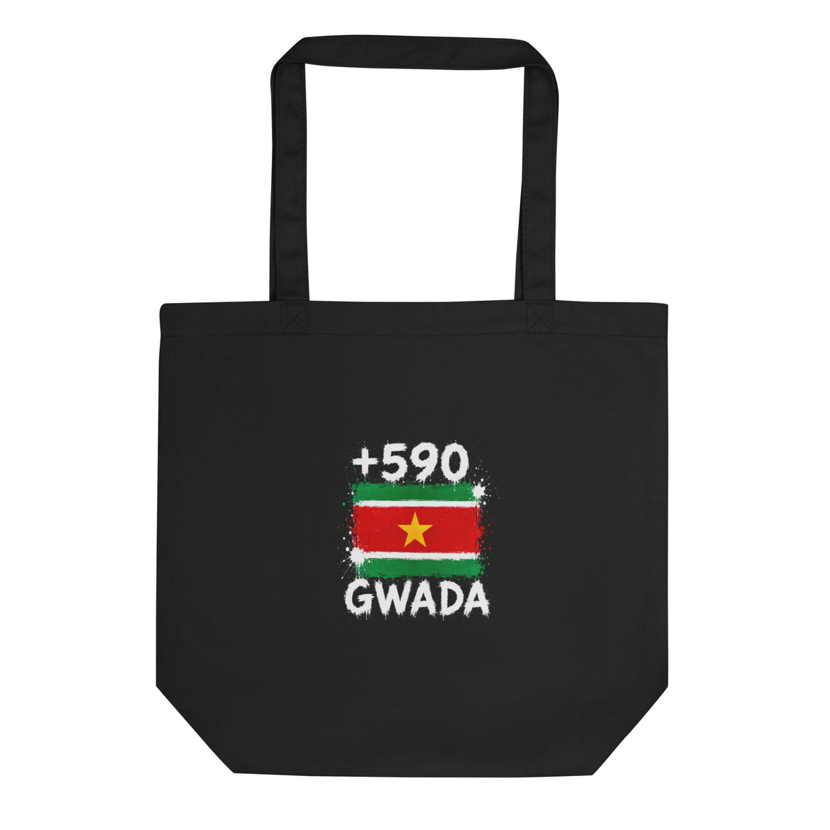 Tote Bag Guadeloupe +590 - Noir avec drapeau floqué effet éclaboussure de peinture - vue de face - Indicatif Fier