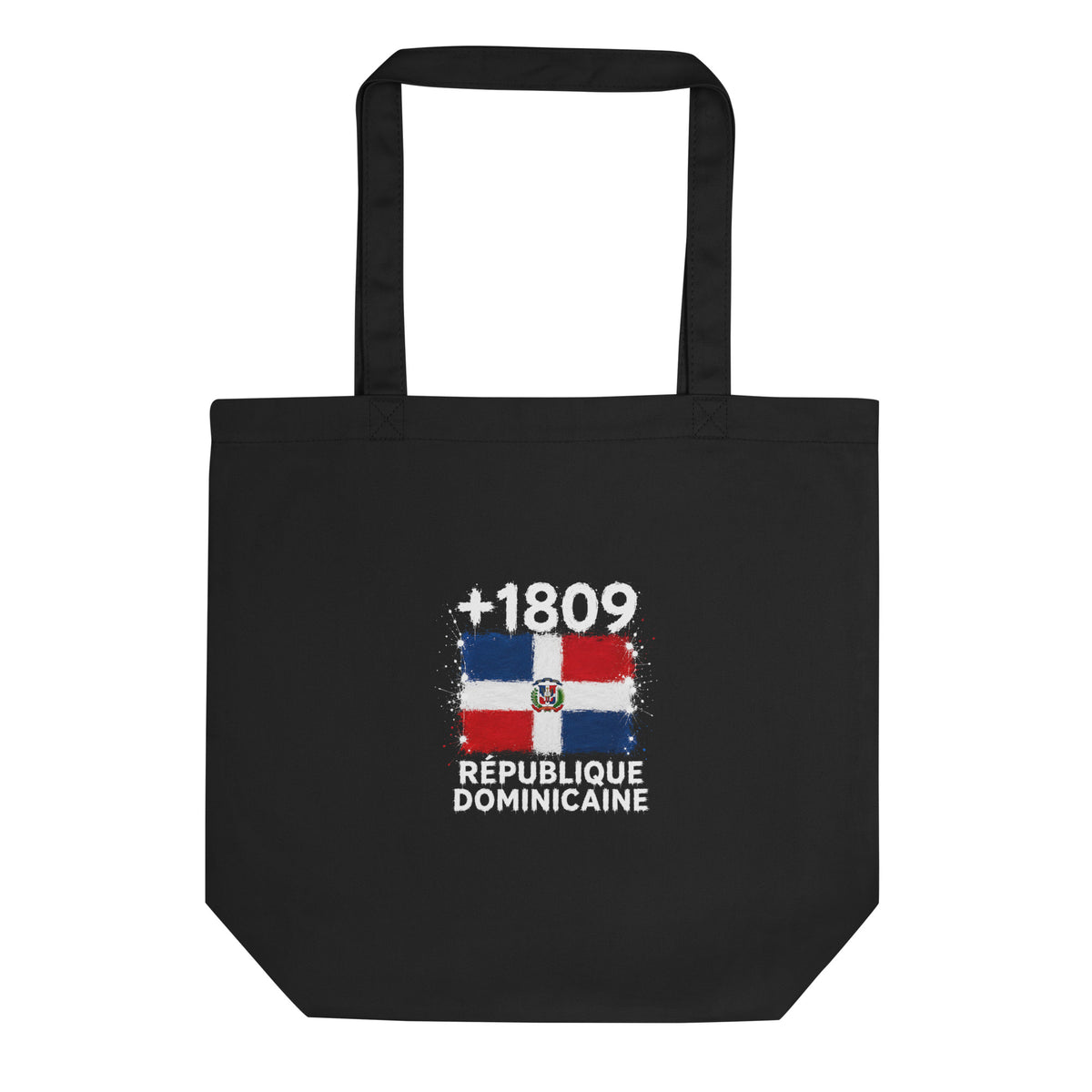 Tote bag noir République Dominicaine +1809 avec drapeau dominicain floqué effet éclaboussure de peinture - vue de face - Indicatif Fier
