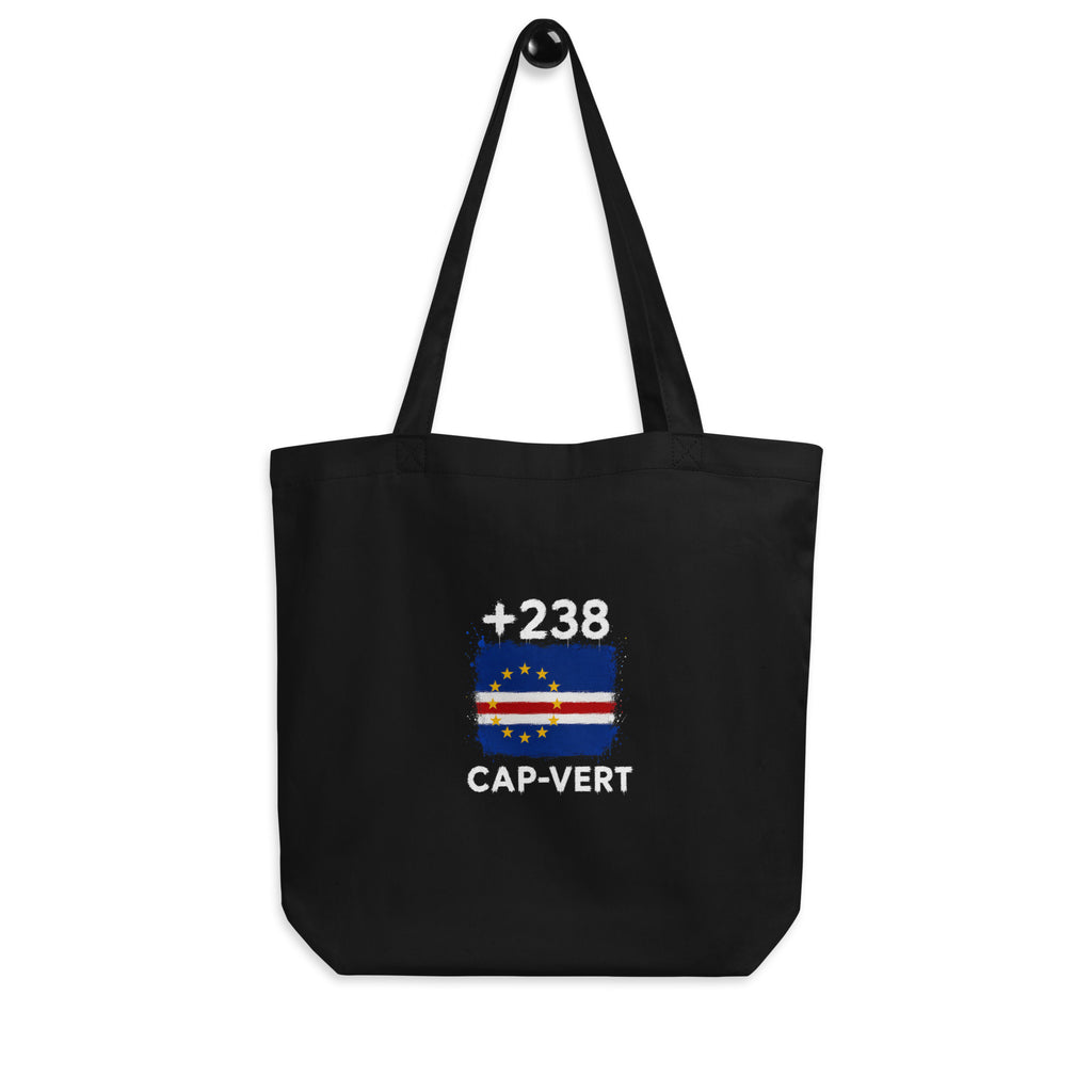 Tote bag noir Cap-Vert +238 accroché, vue de face gros plan