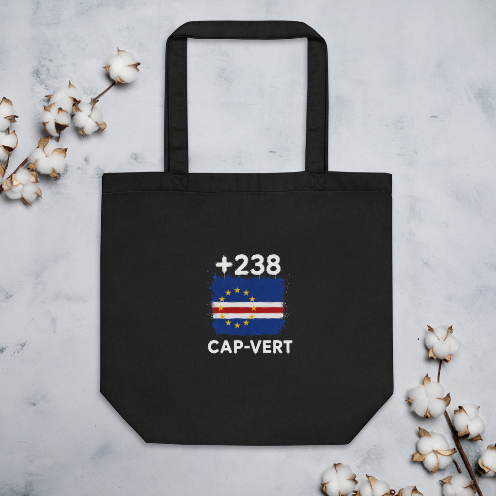 Tote bag noir Cap-Vert +238 posé à plat avec décoration florale