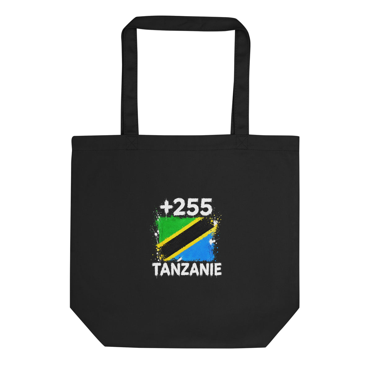 Tote Bag Tanzanie +255 noir vue de face, design drapeau tanzanien