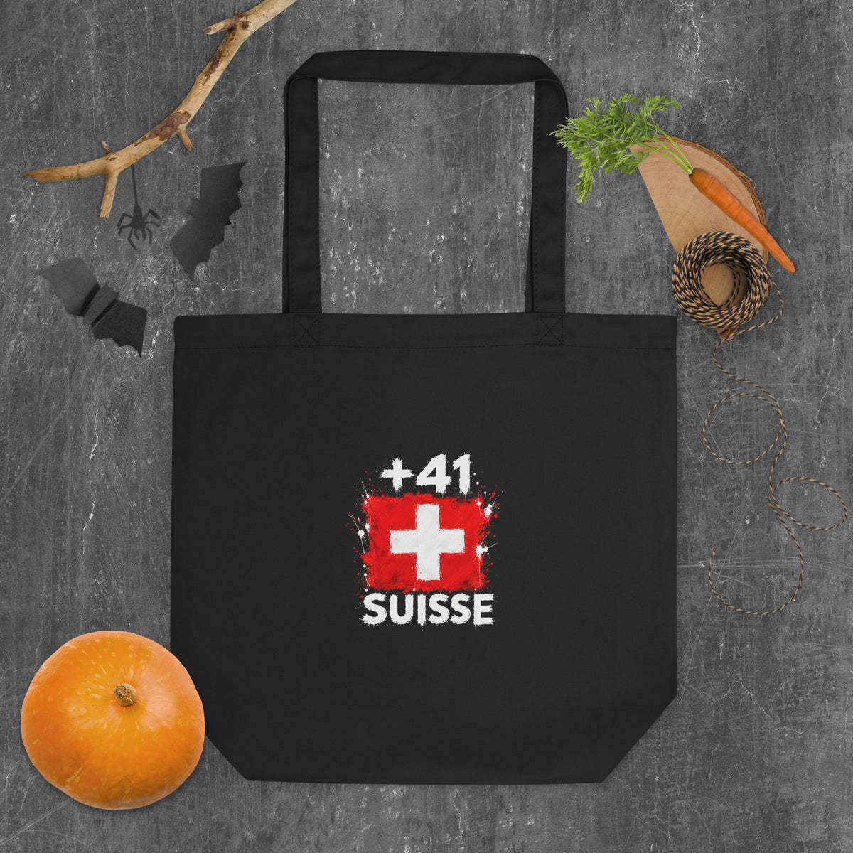 Tote Bag Suisse +41 - Noir avec drapeau floqué effet éclaboussure de peinture - vue de face - Indicatif Fier