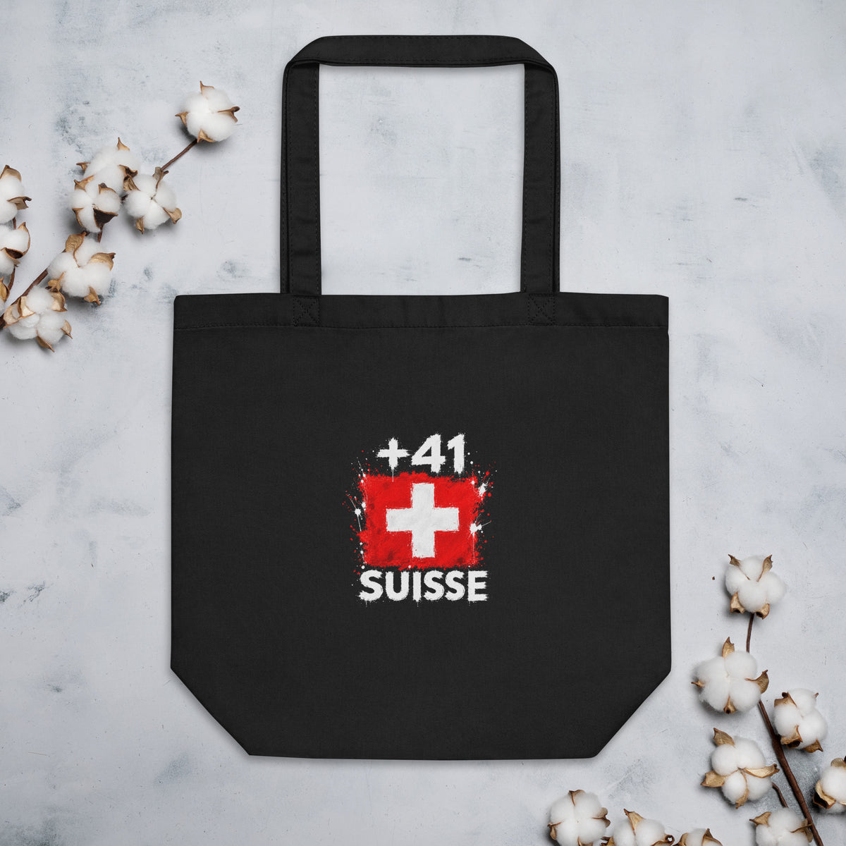 Tote Bag Suisse +41 - Noir avec drapeau floqué effet éclaboussure de peinture - vue de face - Indicatif Fier