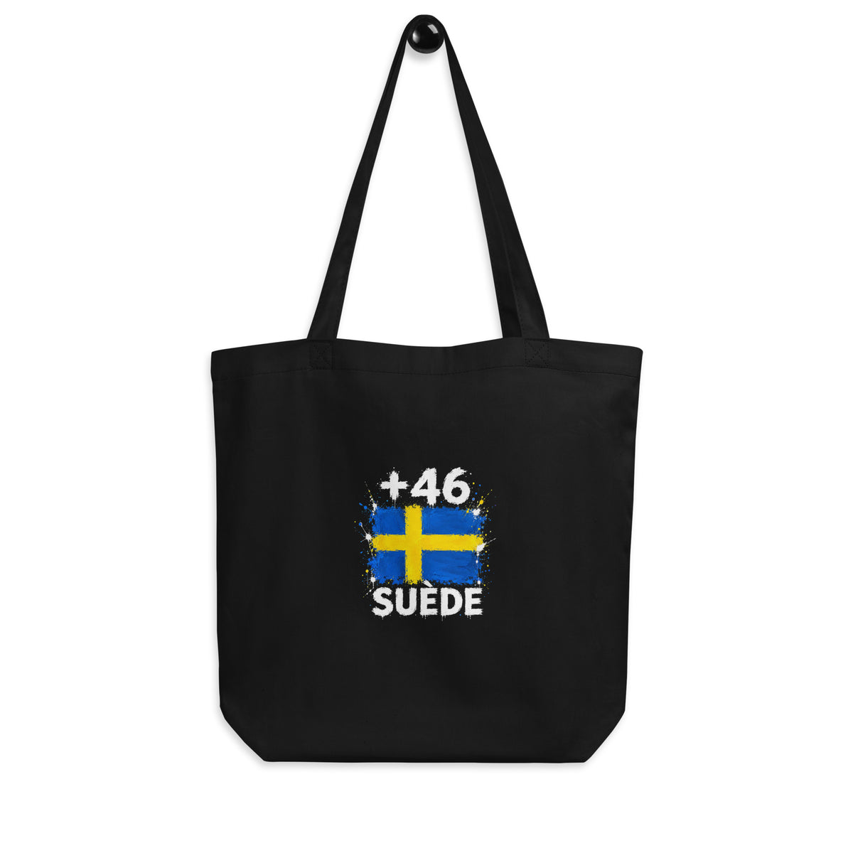 Tote Bag Suède +46 - Noir avec drapeau floqué effet éclaboussure de peinture - vue de face - Indicatif Fier