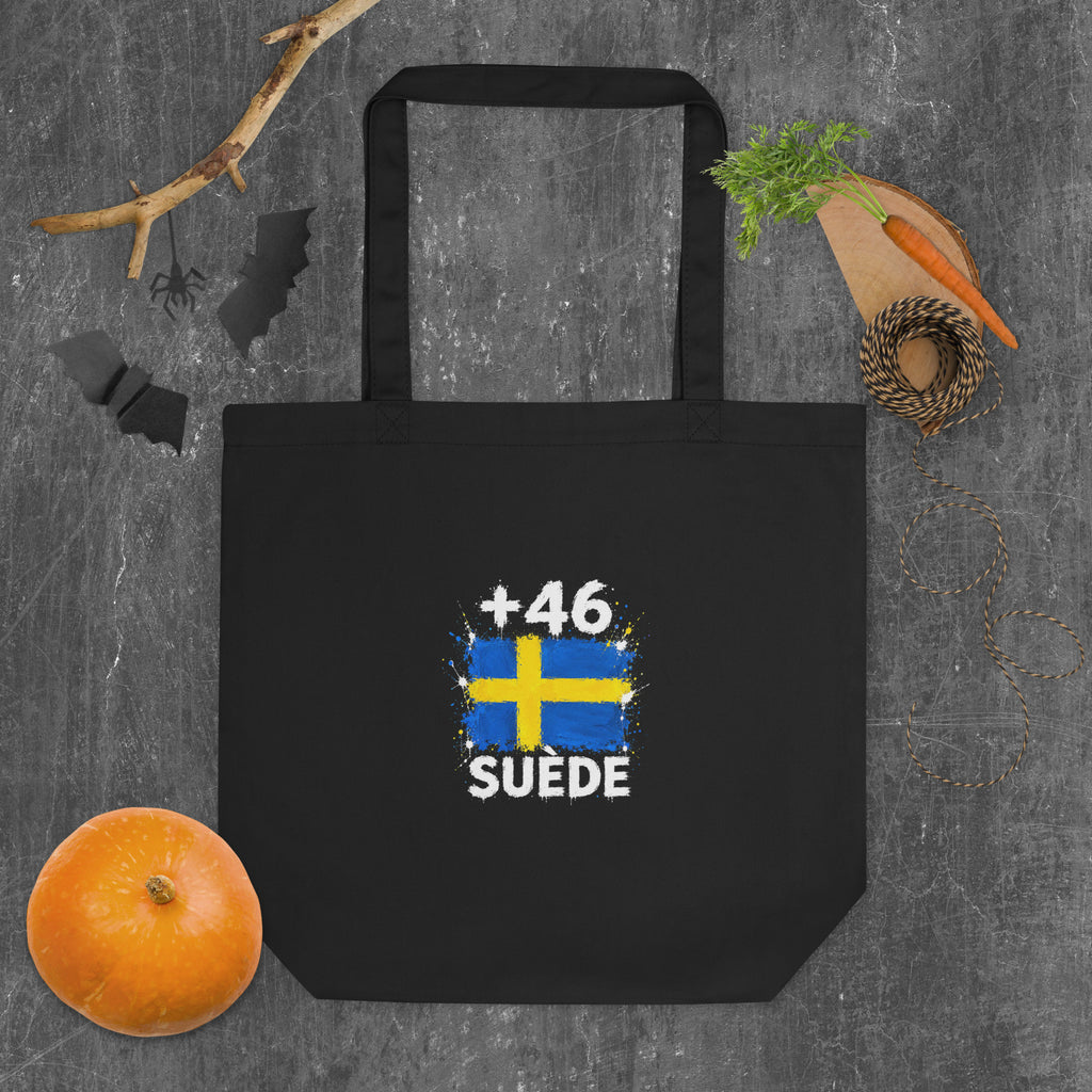 Tote Bag Suède +46 - Noir avec drapeau floqué effet éclaboussure de peinture - vue de face - Indicatif Fier