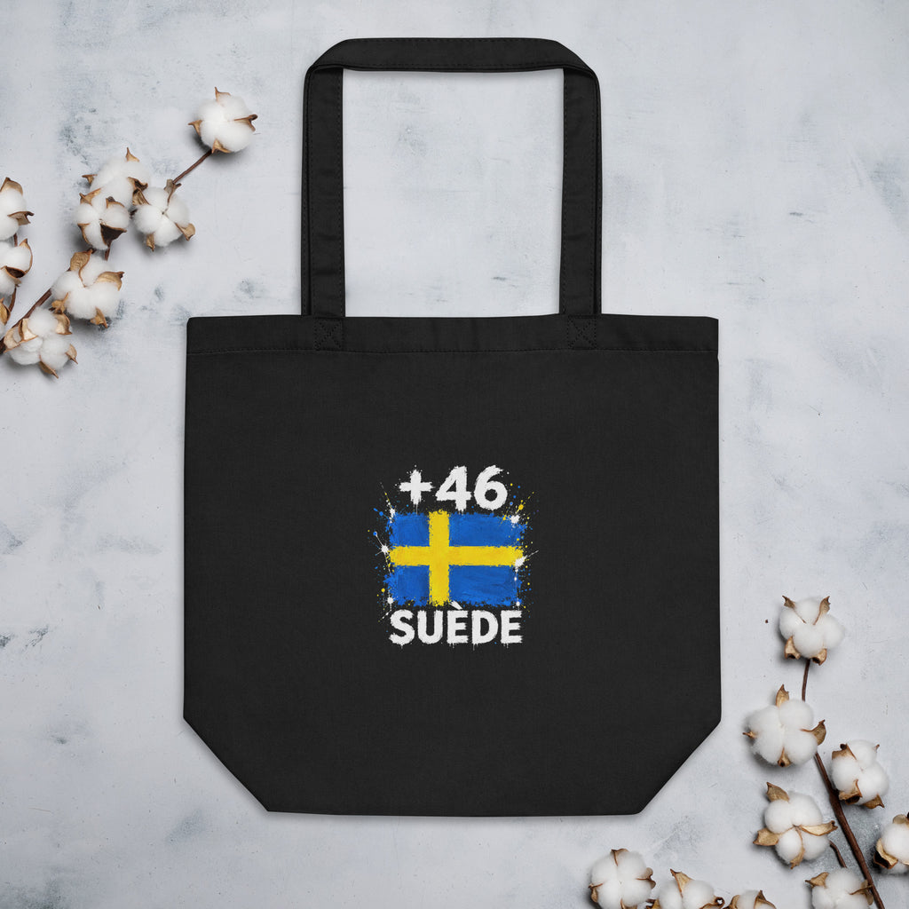 Tote Bag Suède +46 - Noir avec drapeau floqué effet éclaboussure de peinture - vue de face - Indicatif Fier