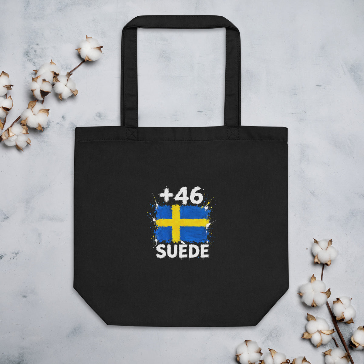Tote Bag Suède +46 - Noir avec drapeau floqué effet éclaboussure de peinture - vue de face - Indicatif Fier