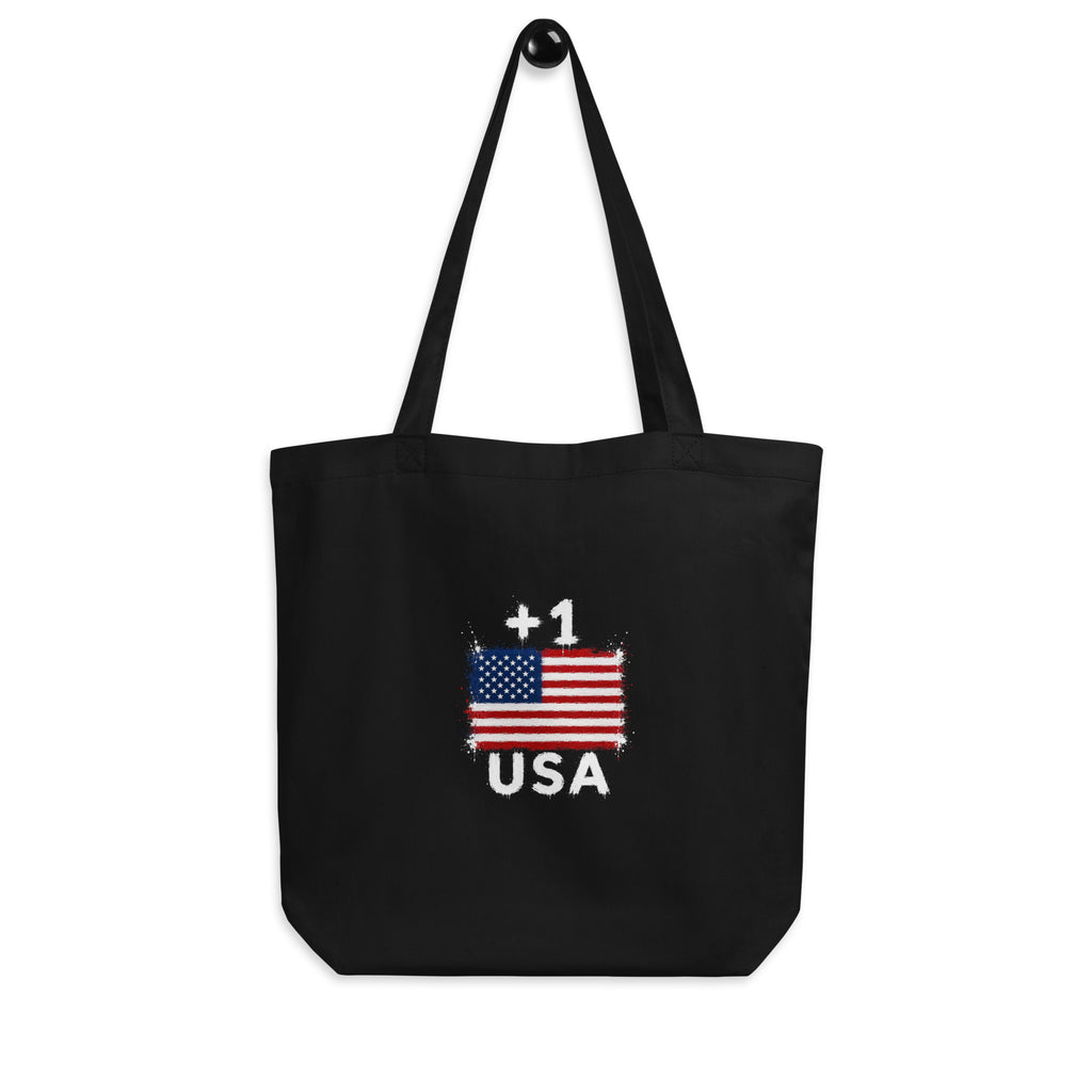 Tote Bag USA +1 avec drapeau floqué effet éclaboussure de peinture - vue de face - Indicatif Fier