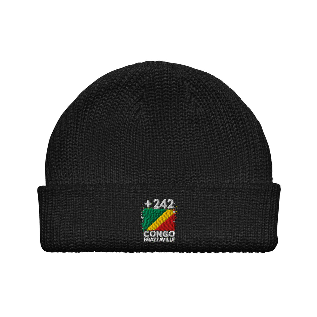Bonnet Congo Brazzaville +242 noir vue de face, drapeau congolais brodé - Indicatif Fier