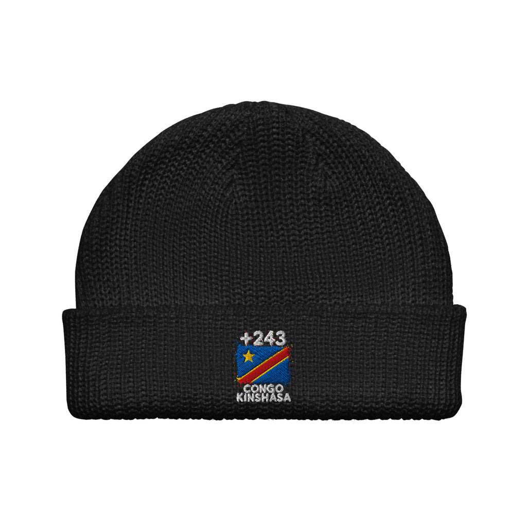 Bonnet RDC +243 noir vue de face, drapeau congolais brodé - Indicatif Fier