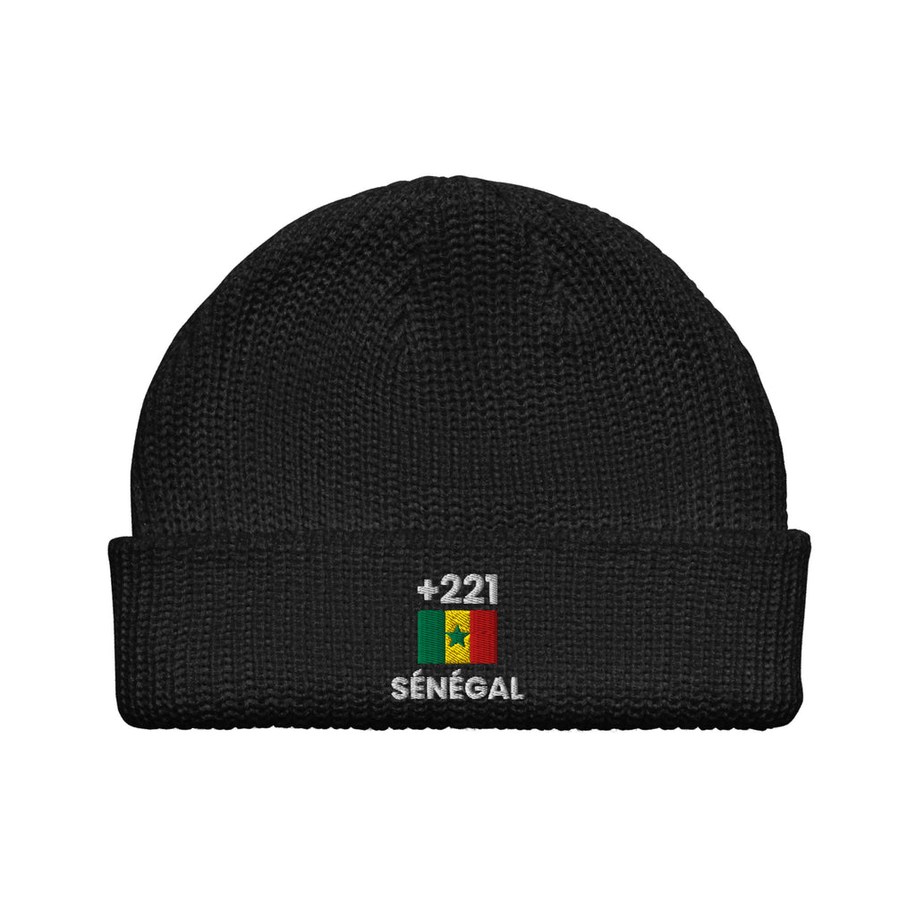 Bonnet Sénégal +221 noir vue de face, drapeau sénégalais brodé - Indicatif Fier