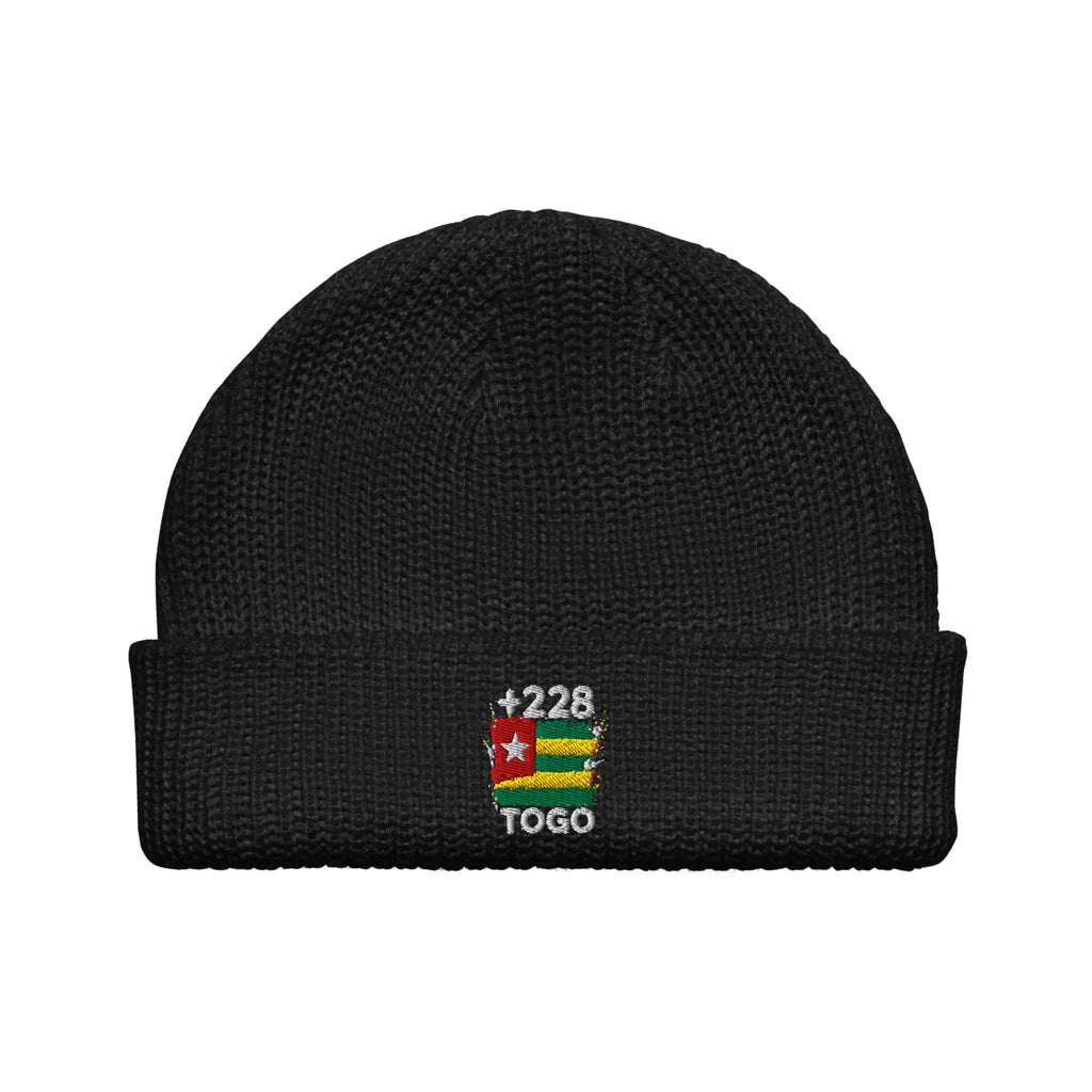 Bonnet Togo +228 noir vue de face, drapeau togolais brodé - Indicatif Fier