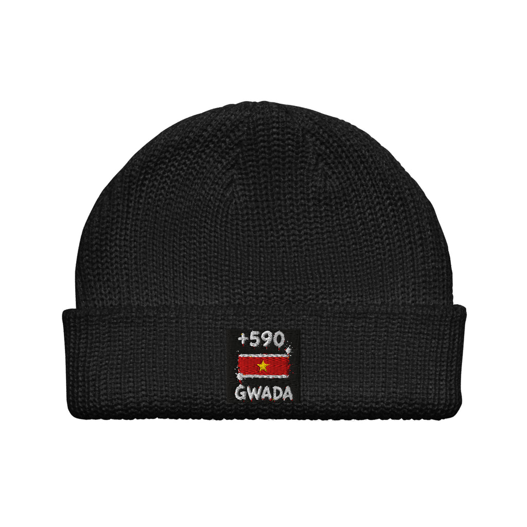 Bonnet Guadeloupe +590 noir vue de face, drapeau guadeloupéen brodé - Indicatif Fier