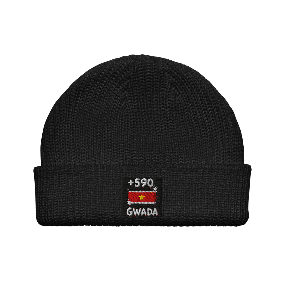 Bonnet Guadeloupe +590 noir vue de face, drapeau guadeloupéen brodé - Indicatif Fier