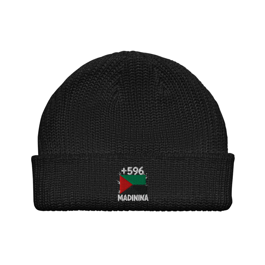 Bonnet Martinique +596 noir vue de face, drapeau martiniquais brodé - Indicatif Fier