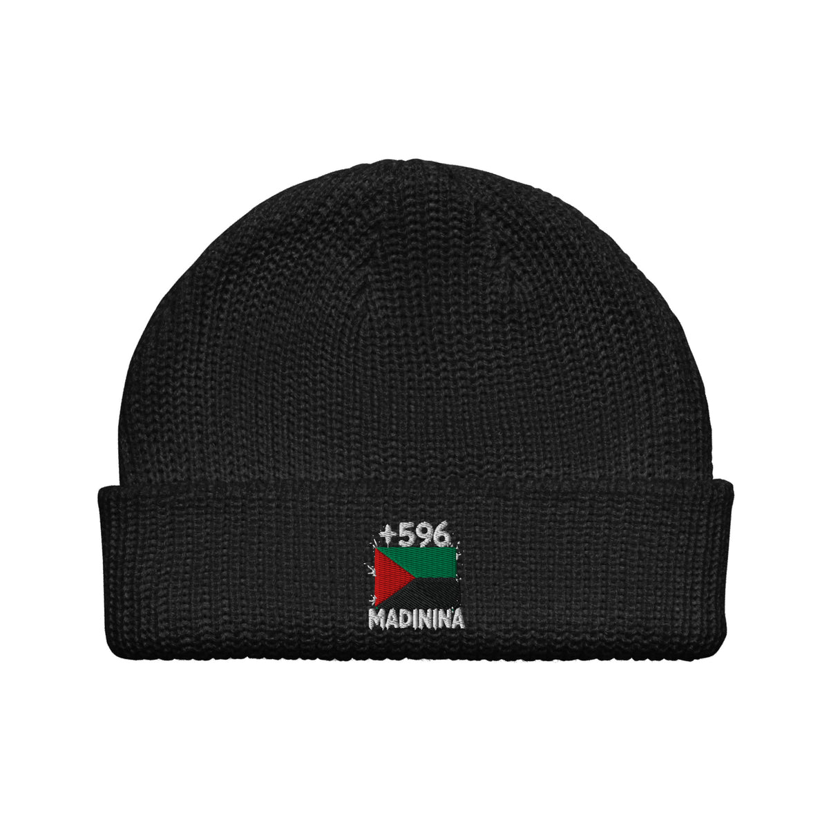 Bonnet Martinique +596 noir vue de face, drapeau martiniquais brodé - Indicatif Fier