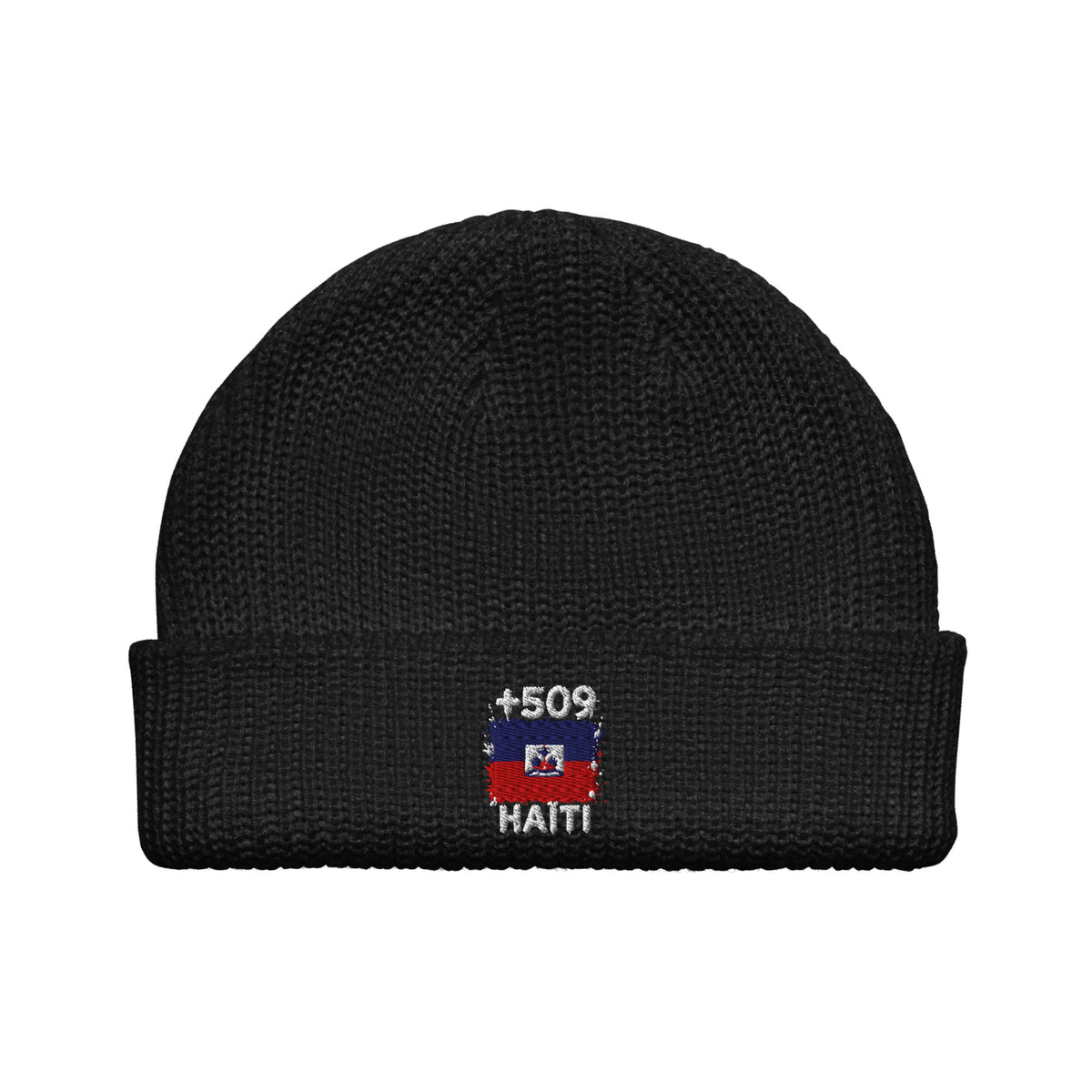 Bonnet Haïti +509 noir vue de face, drapeau haïtien brodé - Indicatif Fier