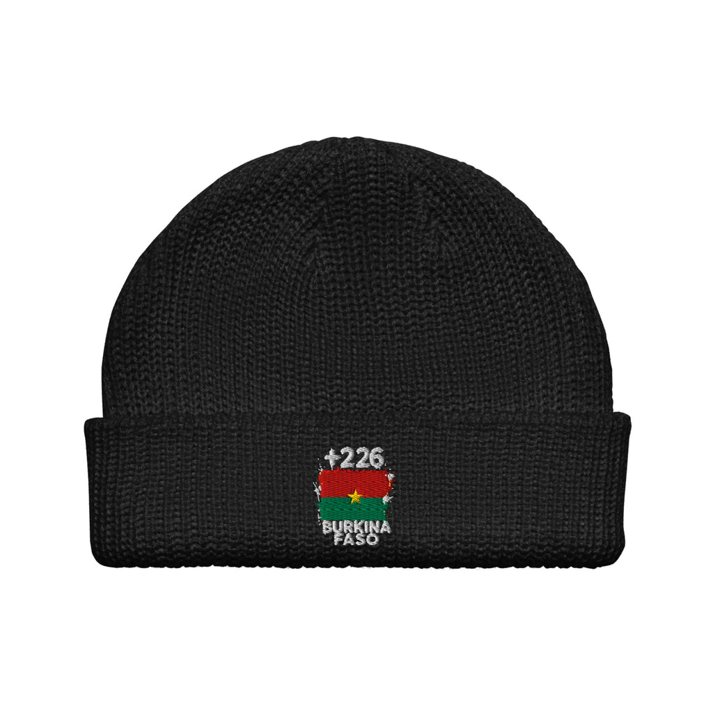 Bonnet Burkina Faso +226 noir vue de face, drapeau burkinabè brodé - Indicatif Fier