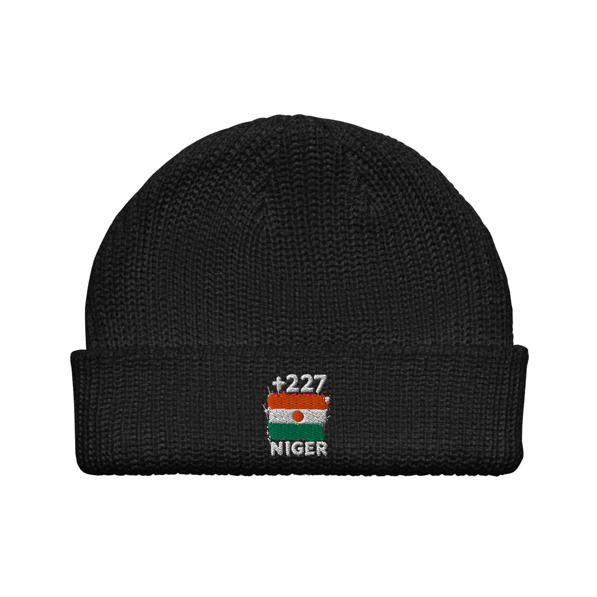 Bonnet Niger +227 noir vue de face, drapeau nigérien brodé - Indicatif Fier