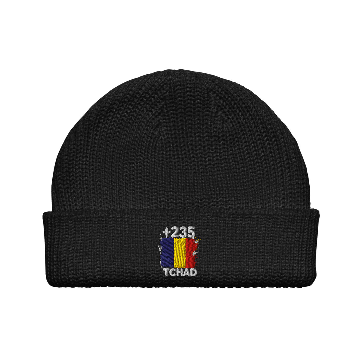 Bonnet Tchad +235 noir vue de face, drapeau tchadien brodé - Indicatif Fier