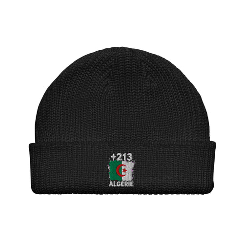 Bonnet Algérie +213 noir vue de face, drapeau algérien brodé - Indicatif Fier