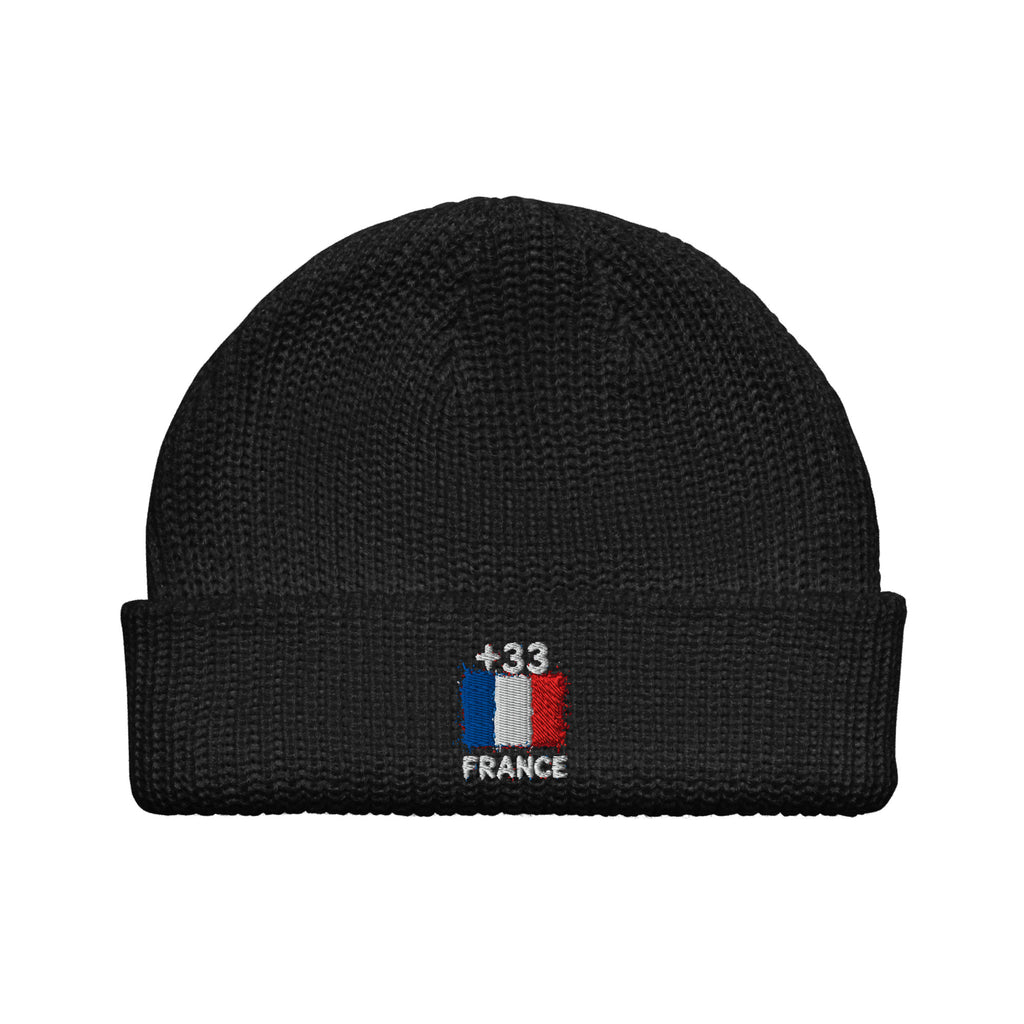 Bonnet France +33 noir vue de face, drapeau français brodé - Indicatif Fier