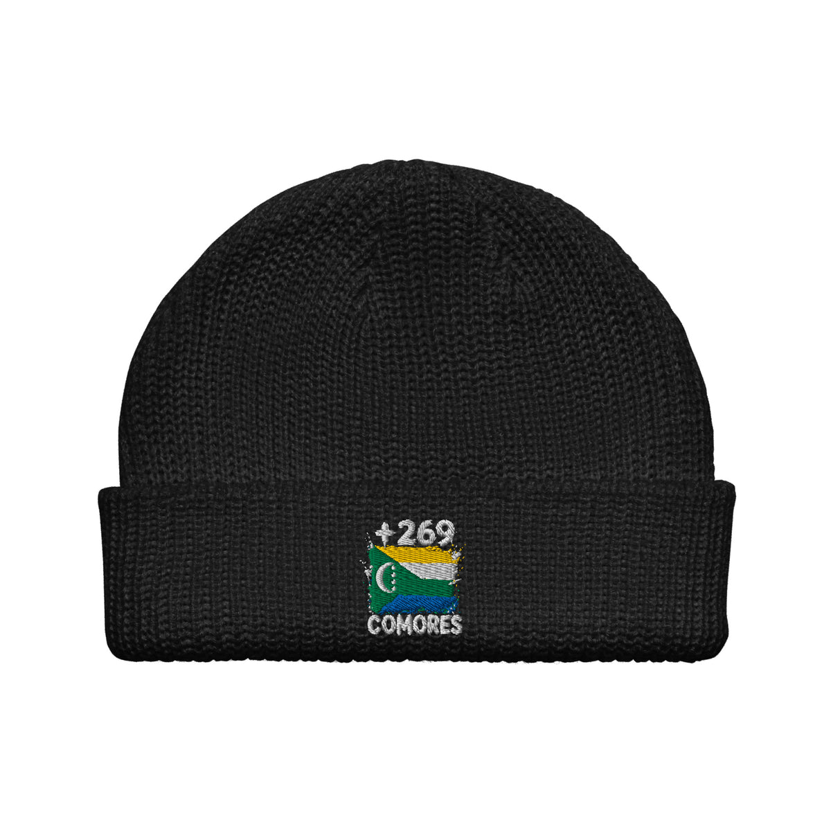 Bonnet Comores +269 noir vue de face, drapeau comorien brodé - Indicatif Fier