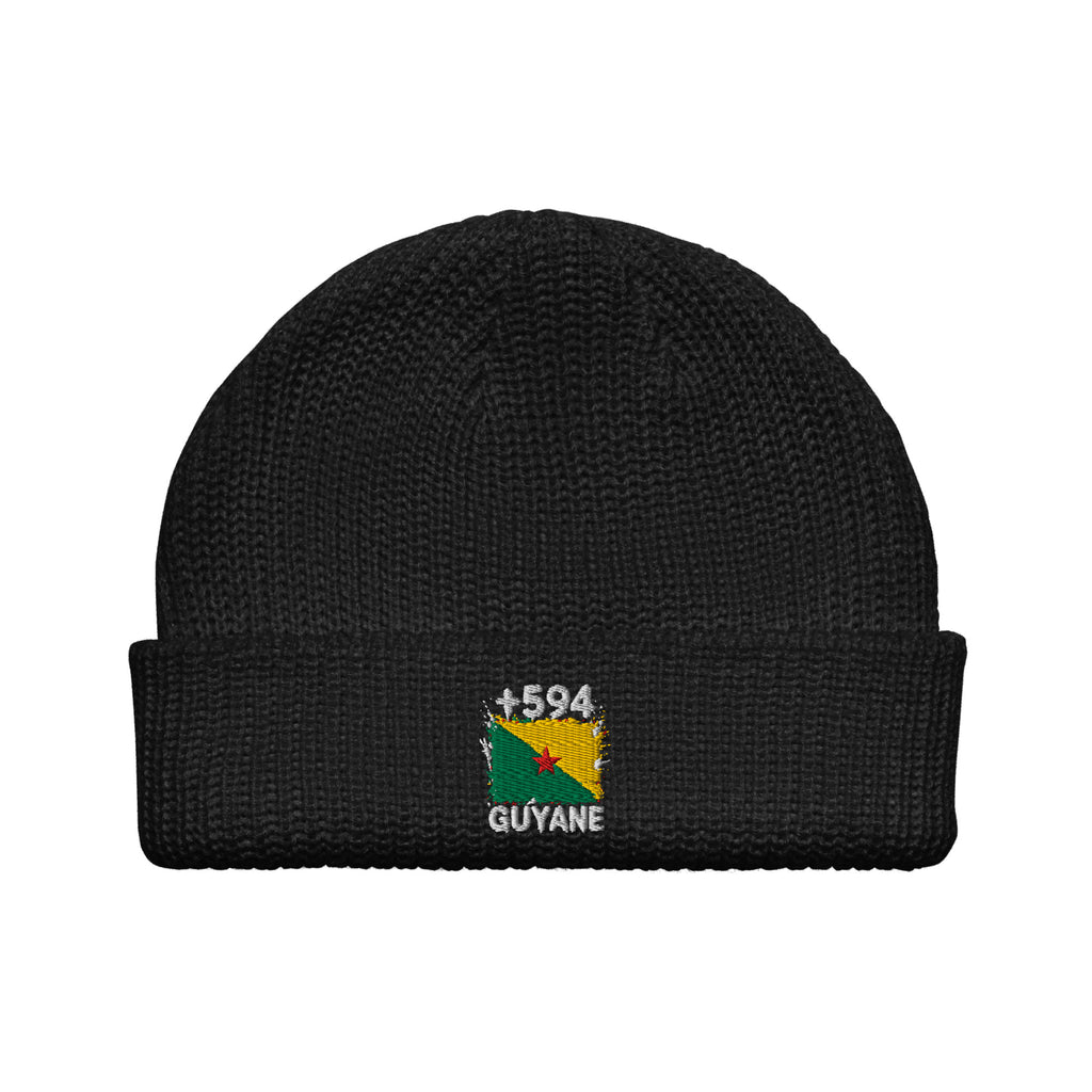 Bonnet Guyane +594 noir vue de face, drapeau guyanais brodé - Indicatif Fier