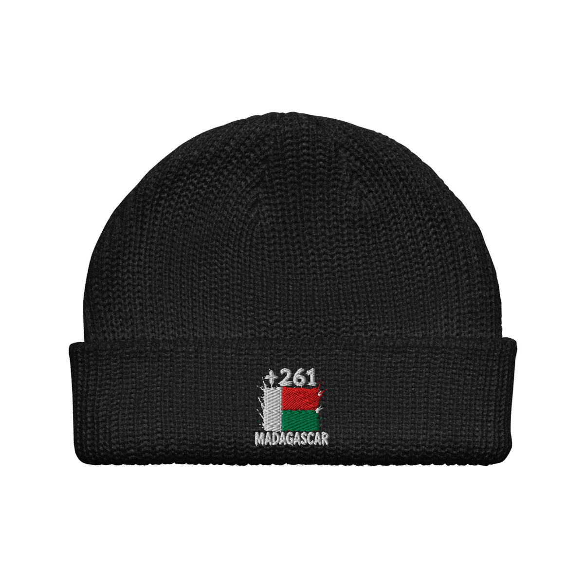 Bonnet Madagascar +261 noir vue de face, drapeau malgache brodé - Indicatif Fier