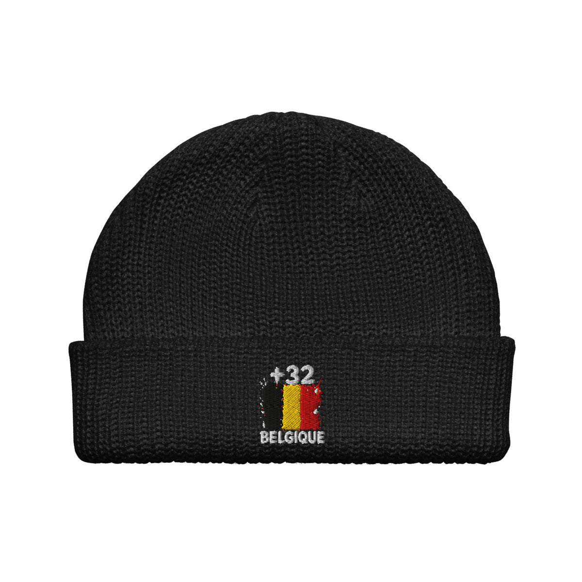 Bonnet Belgique +32 noir vue de face, drapeau belge brodé - Indicatif Fier