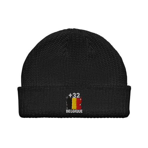 Bonnet Belgique +32 noir vue de face, drapeau belge brodé - Indicatif Fier