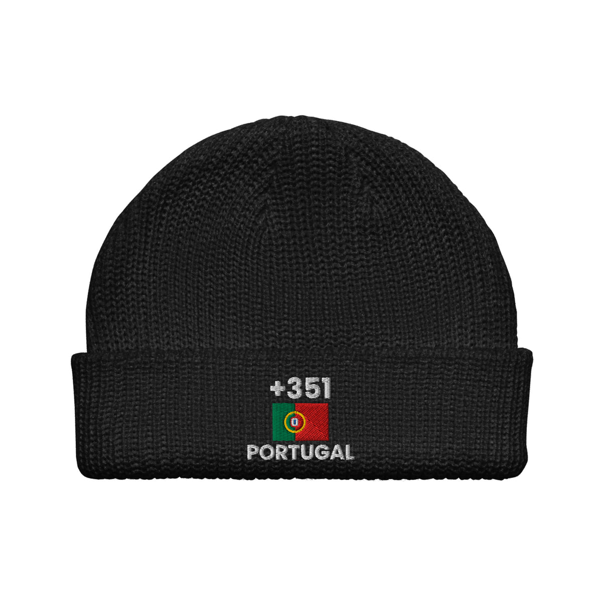 Bonnet Portugal +351 noir vue de face, drapeau portugais brodé - Indicatif Fier