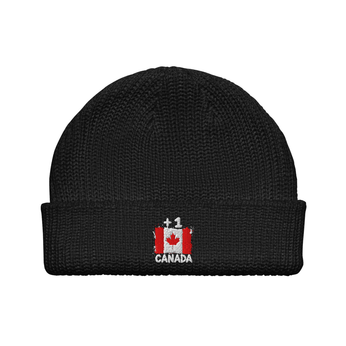 Bonnet Canada +1 noir vue de face, drapeau canadien brodé - Indicatif Fier