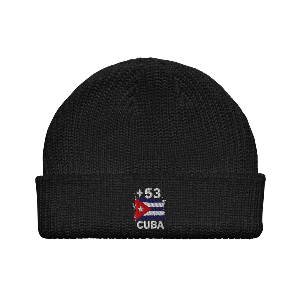 Bonnet Cuba +53 noir vue de face, drapeau cubain brodé - Indicatif Fier