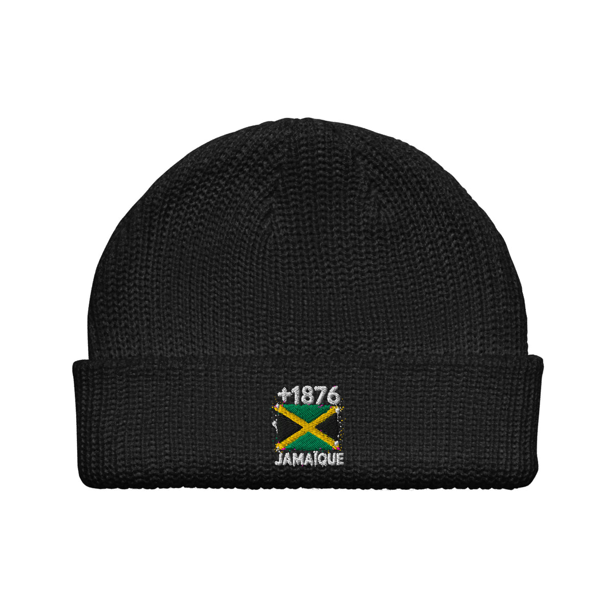 Bonnet Jamaïque +1876 noir vue de face, drapeau jamaïcain brodé - Indicatif Fier