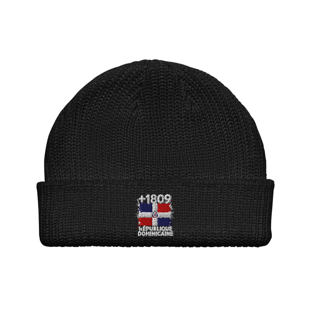 Bonnet République Dominicaine +1809 noir vue de face, drapeau dominicain brodé - Indicatif Fier