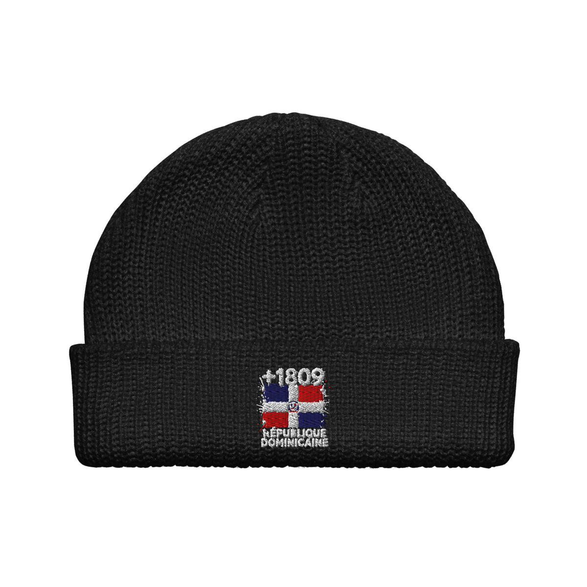 Bonnet République Dominicaine +1809 noir vue de face, drapeau dominicain brodé - Indicatif Fier