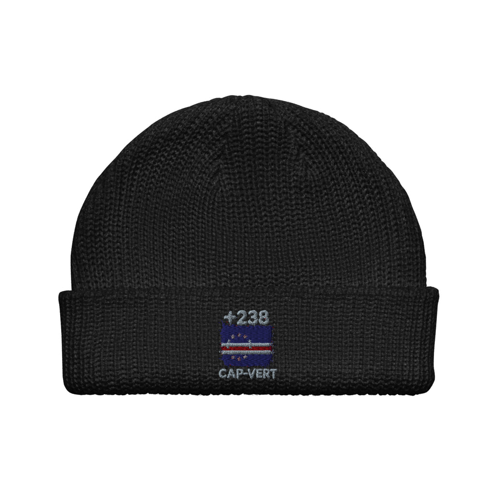 Bonnet Cap-Vert +238 noir vue de face, drapeau cap-verdien brodé - Indicatif Fier